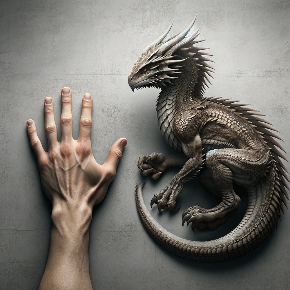 An image of a Frilled Dragon next to a human hand, providing a scale comparison to illustrate the actual size of the dragon in a neutral setting