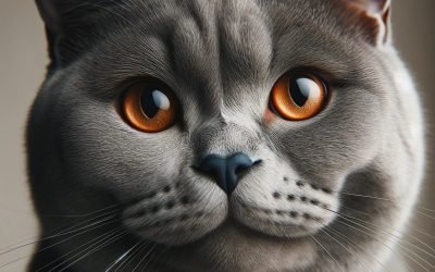 Chartreux cat close-up showing distinctive blue-gray fur and orange eyes