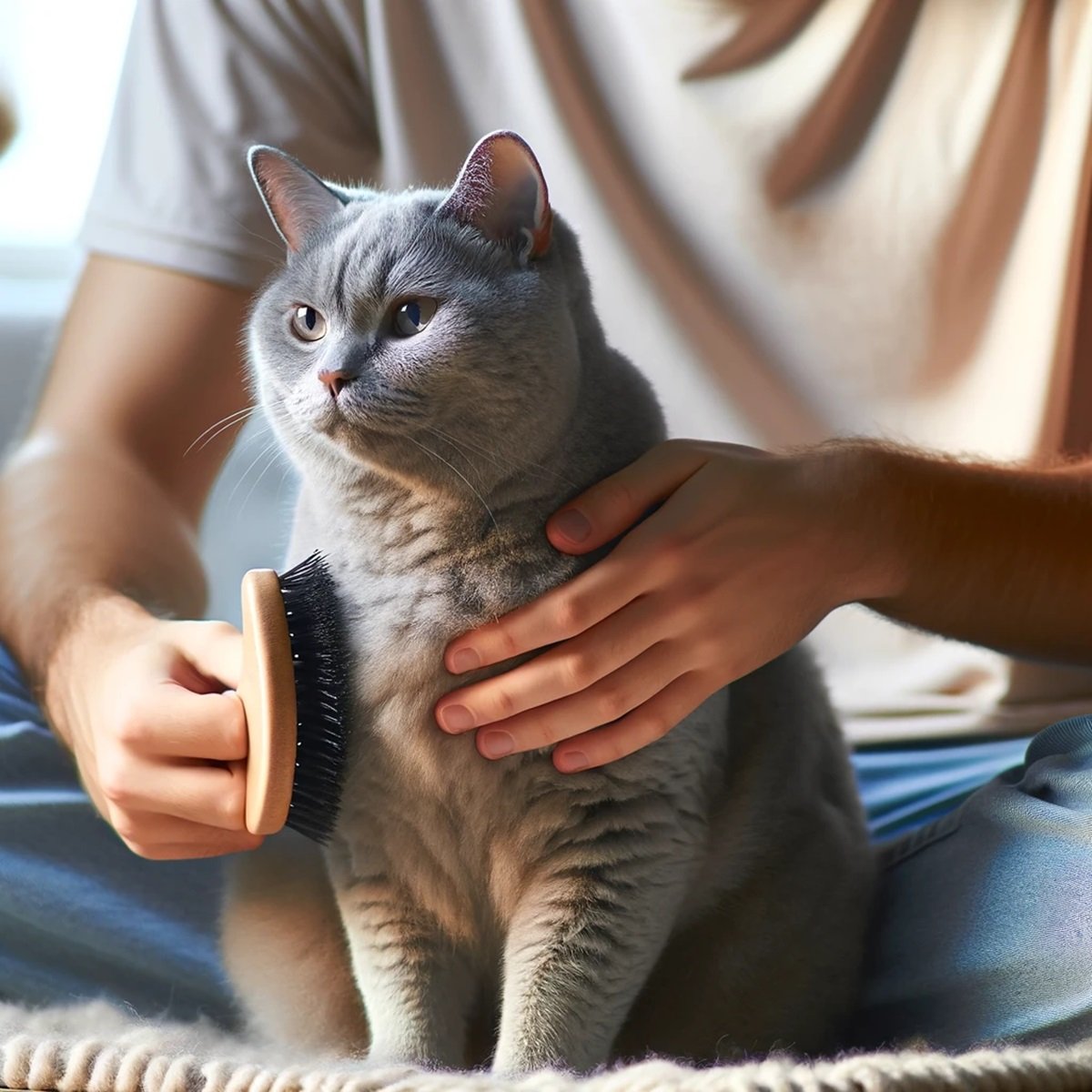 The Silent Blue Companion: Discovering the Chartreux Cat 4 Chartreux cat enjoying a grooming session with its owner, illustrating low-maintenance coat care