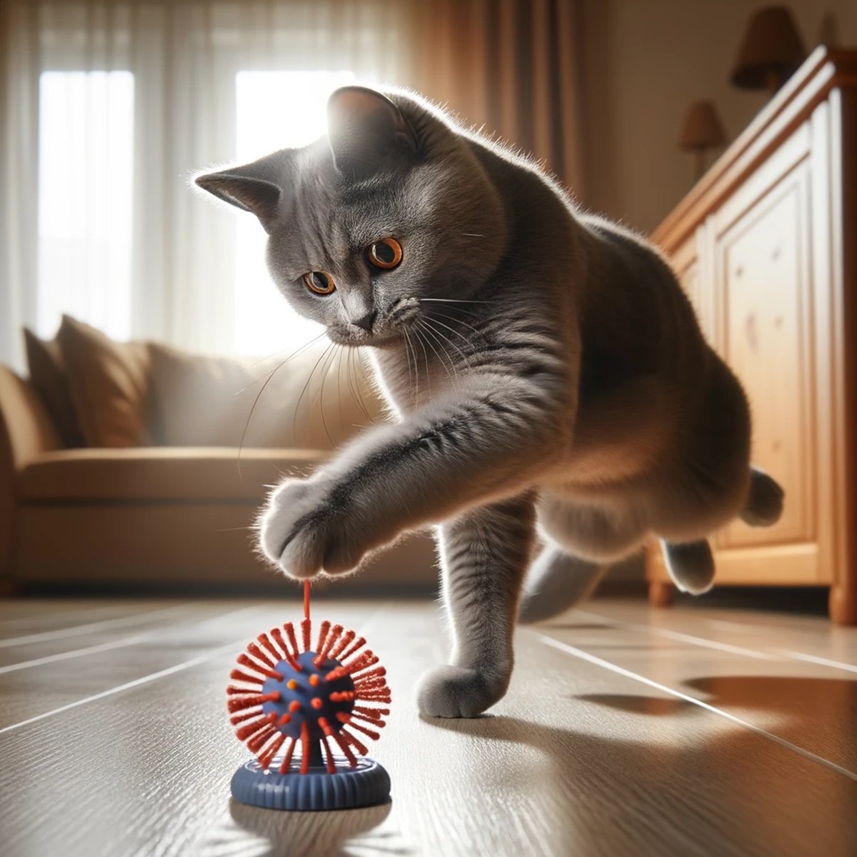The Silent Blue Companion: Discovering the Chartreux Cat 3 Playful Chartreux cat engaging with a toy, highlighting its agility and playful nature