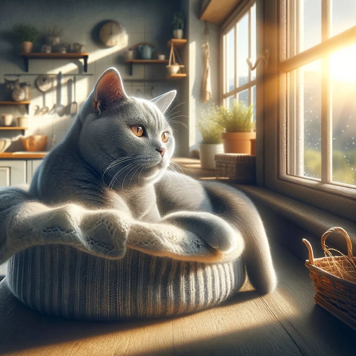 The Silent Blue Companion: Discovering the Chartreux Cat 2 Relaxed Chartreux cat lounging in a sunny and cozy home environment, emphasizing its content and serene nature