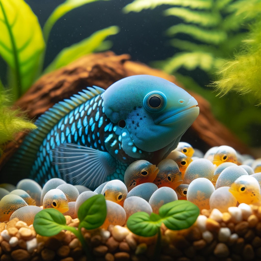 breeding pair of Electric Blue Acaras near their spawning site, possibly guarding eggs or fry. This visual highlights their breeding behavior and parental care, offering a glimpse into a different aspect of their life cycle in captivity.