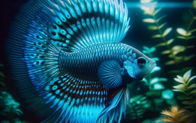 Electric Blue Acara in its full splendor, showcasing its vibrant blue and turquoise hues against a lush, dark aquarium setting. The focus on its shimmering scales and the elegant movement of its fins brings the beauty of this species to life.