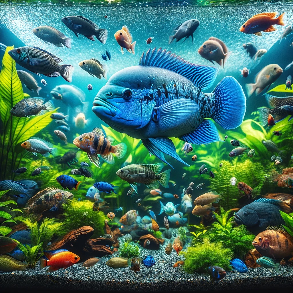 Electric Blue Acara: A Splash of Color in Your Aquarium 1 The image showcases a community aquarium with an Electric Blue Acara living harmoniously alongside other compatible species. The setup highlights the sociable nature of the Electric Blue Acara, surrounded by friends like Corydoras, Tetras, and other South American cichlids, all thriving in a lush, well-planted environment.