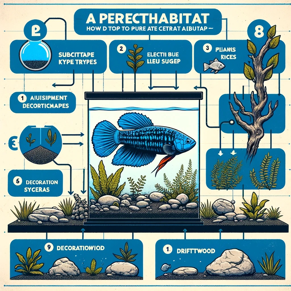 Electric Blue Acara. It visually outlines the necessary components for creating a perfect habitat, including the type of substrate, plant recommendations, decoration ideas, and the placement of a filtration system, providing a step-by-step guide to ensure a healthy environment for your Electric Blue Acara.