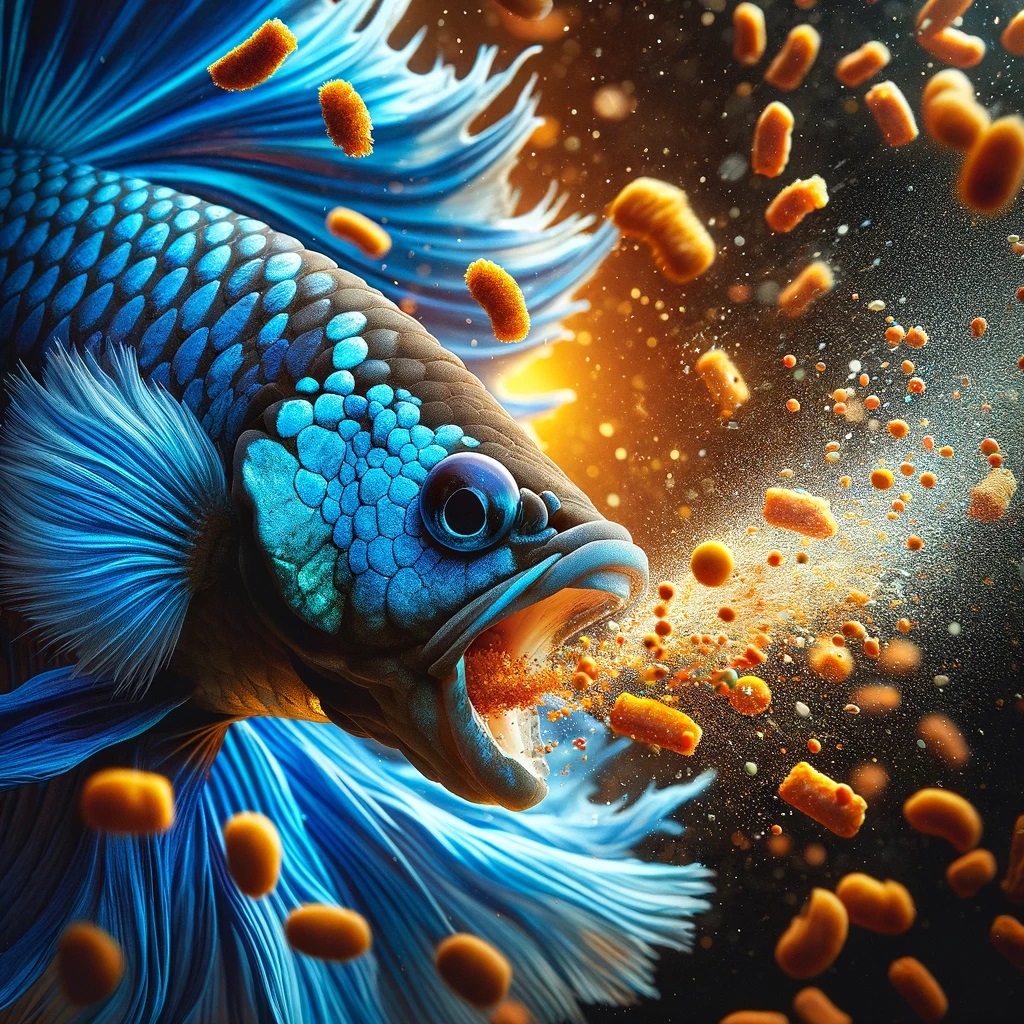 Blue Acara at feeding time, vividly illustrating the moment it goes for live food or specialized pellets. This visual emphasizes the fish's omnivorous diet and active feeding behavior, underlining the significance of providing a varied and balanced diet to maintain its health and vitality.